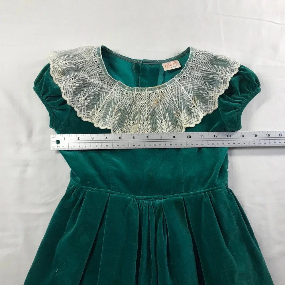 Vintage Celeste New York Girls Emerald Green Velvet Lace Collar Dress Holiday